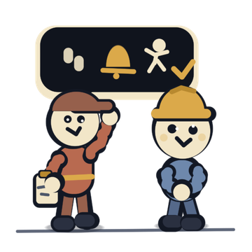 The operator explaining a speech bubble of footsteps, a bell and a figure walking back to a rider in a hard hat