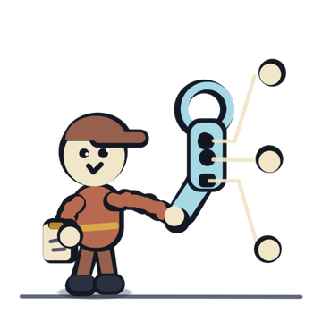 The operator in a cap holding a clipboard, pointing at the left controller and its three buttons