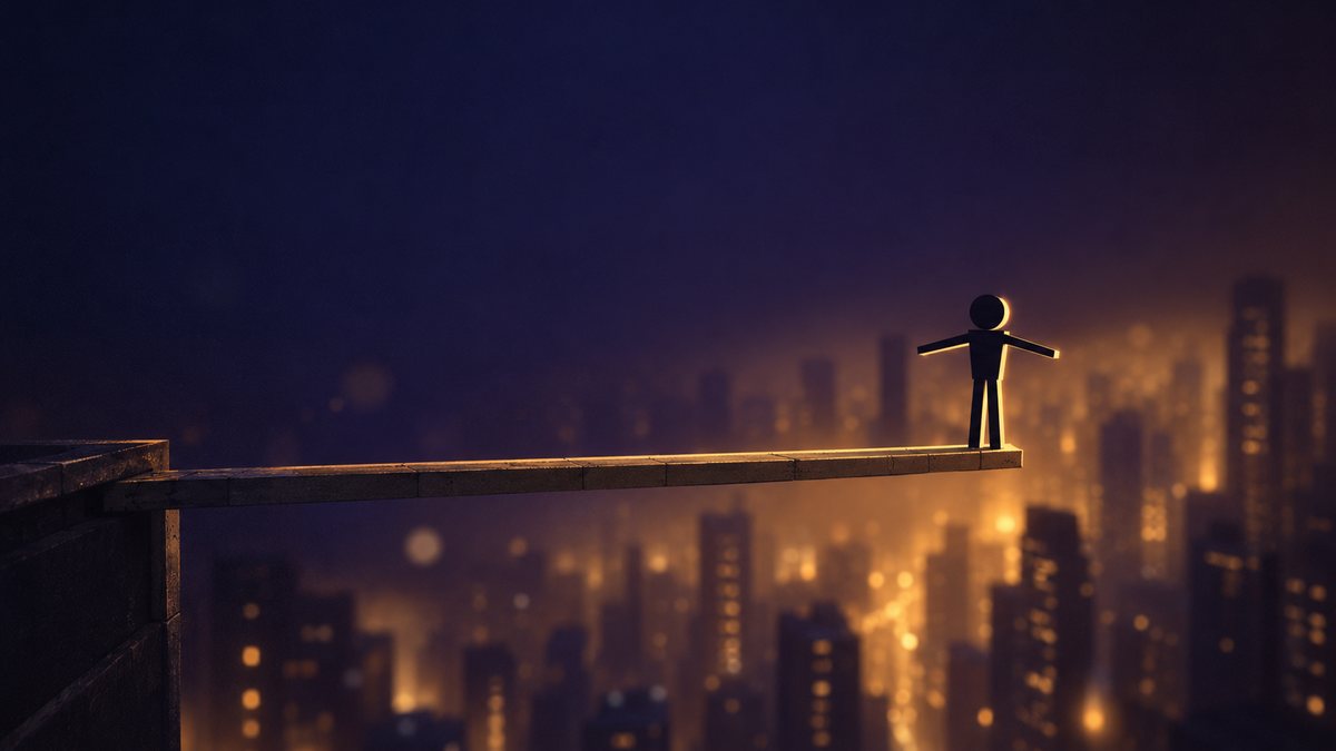A small wooden figure with outstretched arms stands at the tip of a plank that juts from a rooftop, high above a city at night